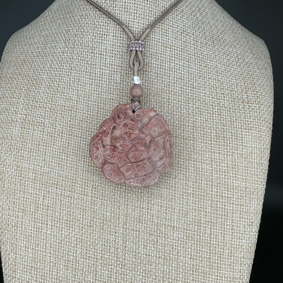 Pink Coral Fossil Sleeping Nine Tail Fox Pendant Necklace; Adjustable Rope - Picture 7 of 16
